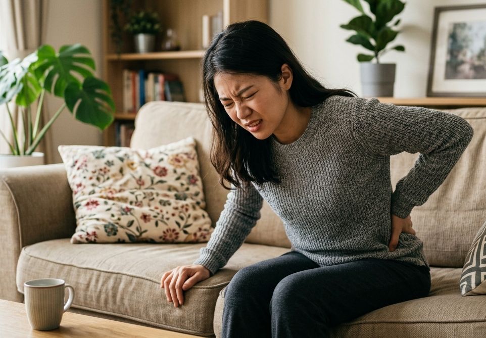 女士因腰背不適而扶着下背位置